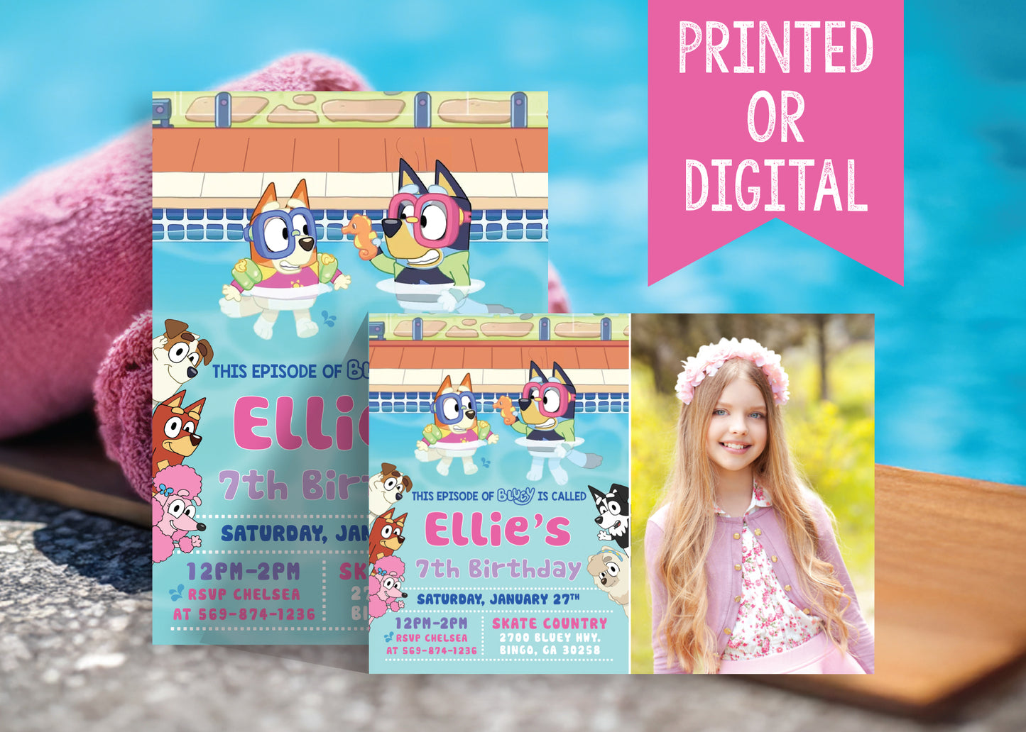 BLUEY Pool and Swim Party Birthday Invitation with or without Photo - Printed or Digital File!