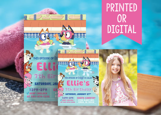 BLUEY Pool and Swim Party Birthday Invitation with or without Photo - Printed or Digital File!