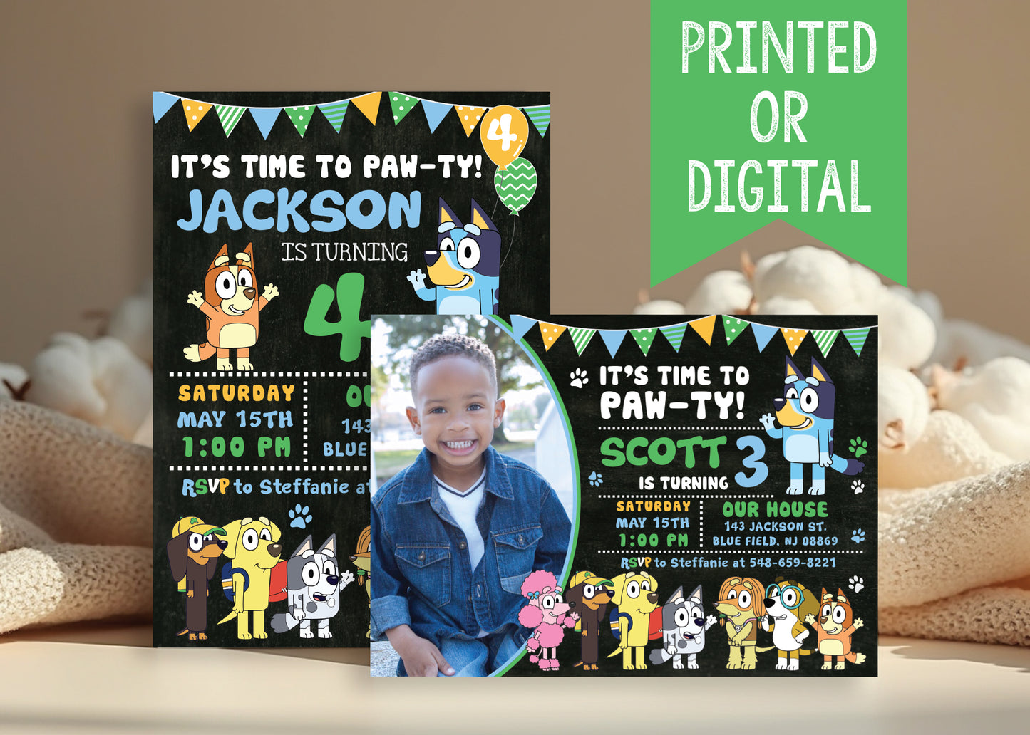 Boy BLUEY Birthday Party Invitation with or without Photo - Printed or Digital File!