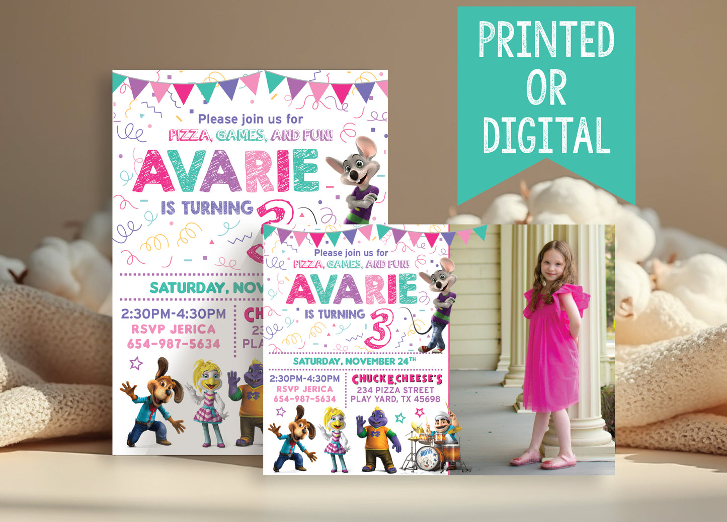 Printed or Digital CHUCK E CHEESE Girl Birthday Party Invitation with or without Photo!