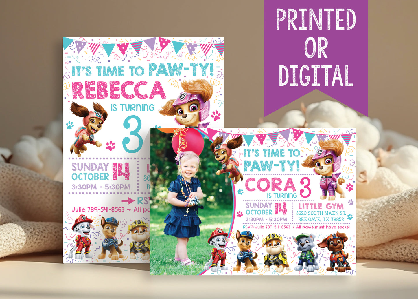 Girl PAW PATROL Mighty Pups Birthday Party Invitation with or without Photo - Printed or Digital!