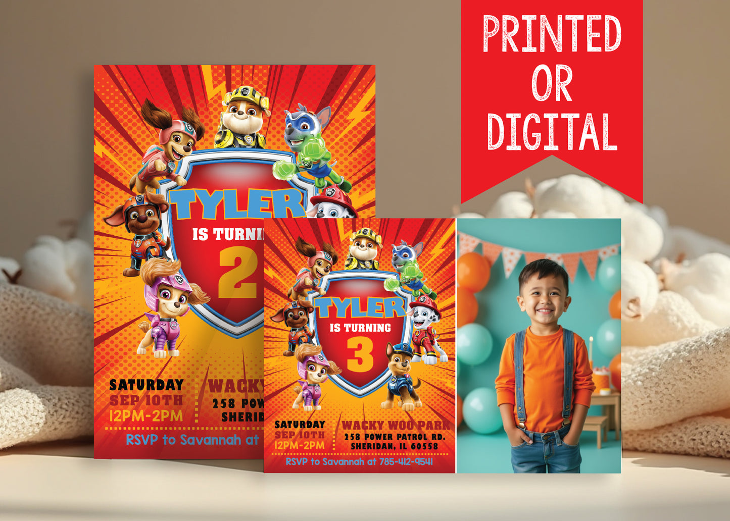 PAW PATROL Orange Mighty Pups Birthday Party Invitation with or without Photo - Printed or Digital File!