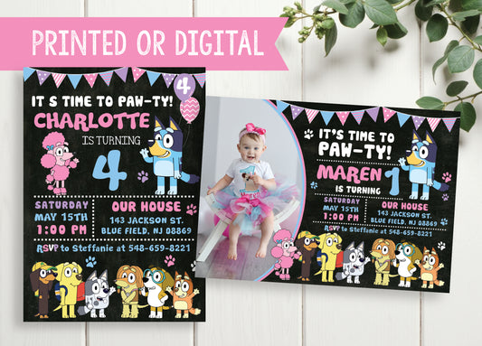 BLUEY Girl Birthday Party Invitation with or without Photo - Printed or Digital File!