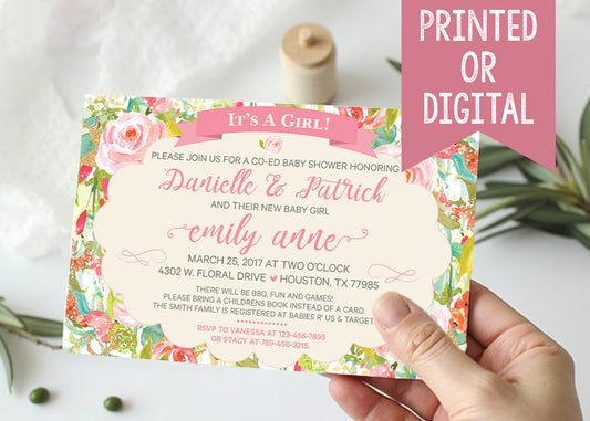 Watercolor Floral Pink Baby Shower Custom Invitation - Digital or Printed!