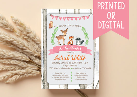 Colorful Woodland Animals Pink Baby Shower Invitation - Digital or Printed!