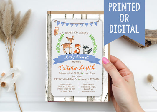 Colorful Woodland Animals Blue Baby Shower Invitation - Digital or Printed!