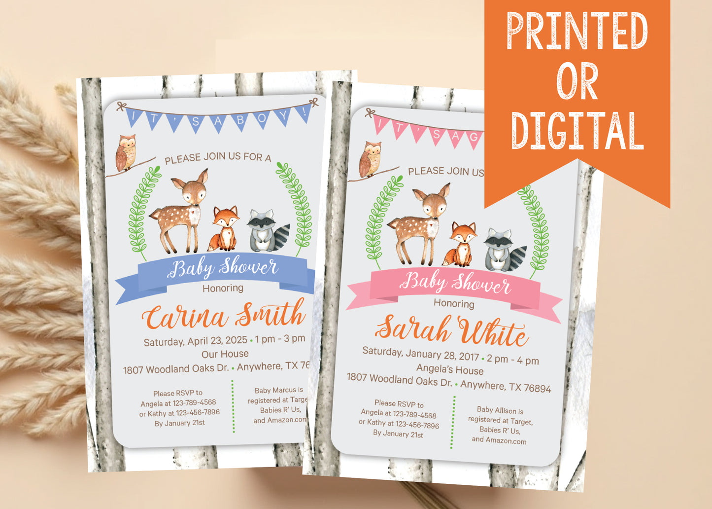 Colorful Woodland Baby Shower Pink or Blue Invitation - Printed or Digital File!