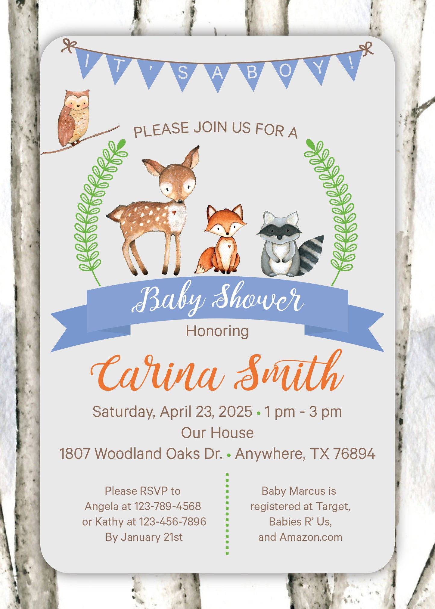 Colorful Woodland Baby Shower Pink or Blue Invitation - Printed or Digital File!