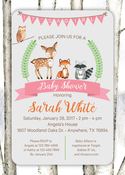 Colorful Woodland Animals Pink Baby Shower Invitation - Digital or Printed!
