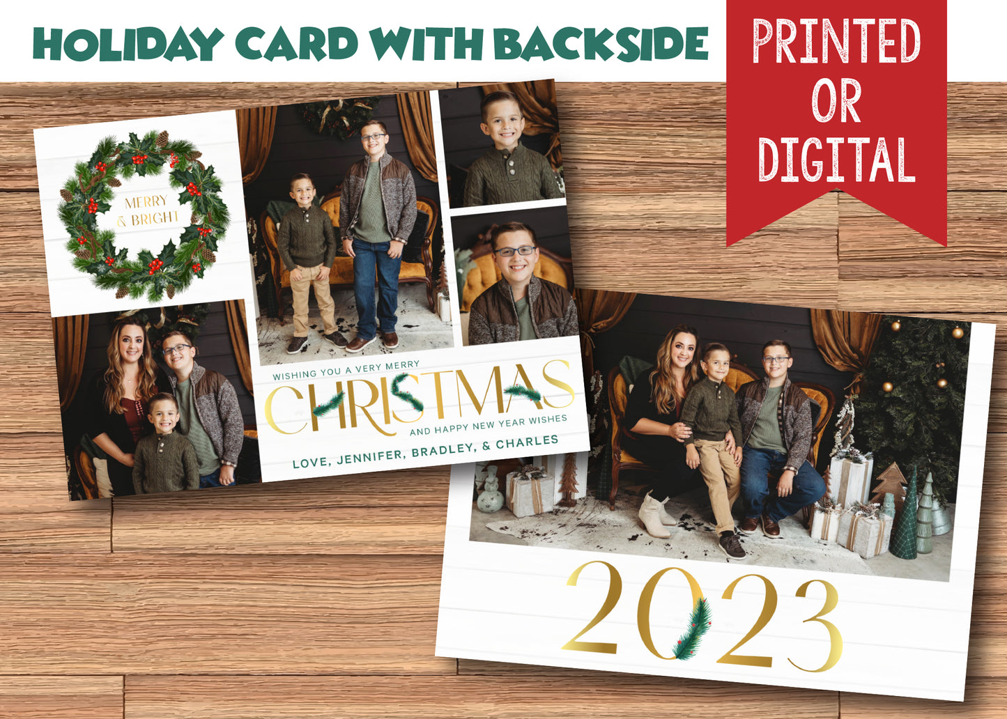 Holiday Merry Christmas Card Digital or Printed with Photos and FREE Backside!