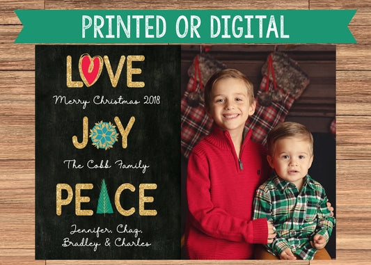 Love, Joy, and Peace Holiday Christmas Card Digital or Printed with Photo!
