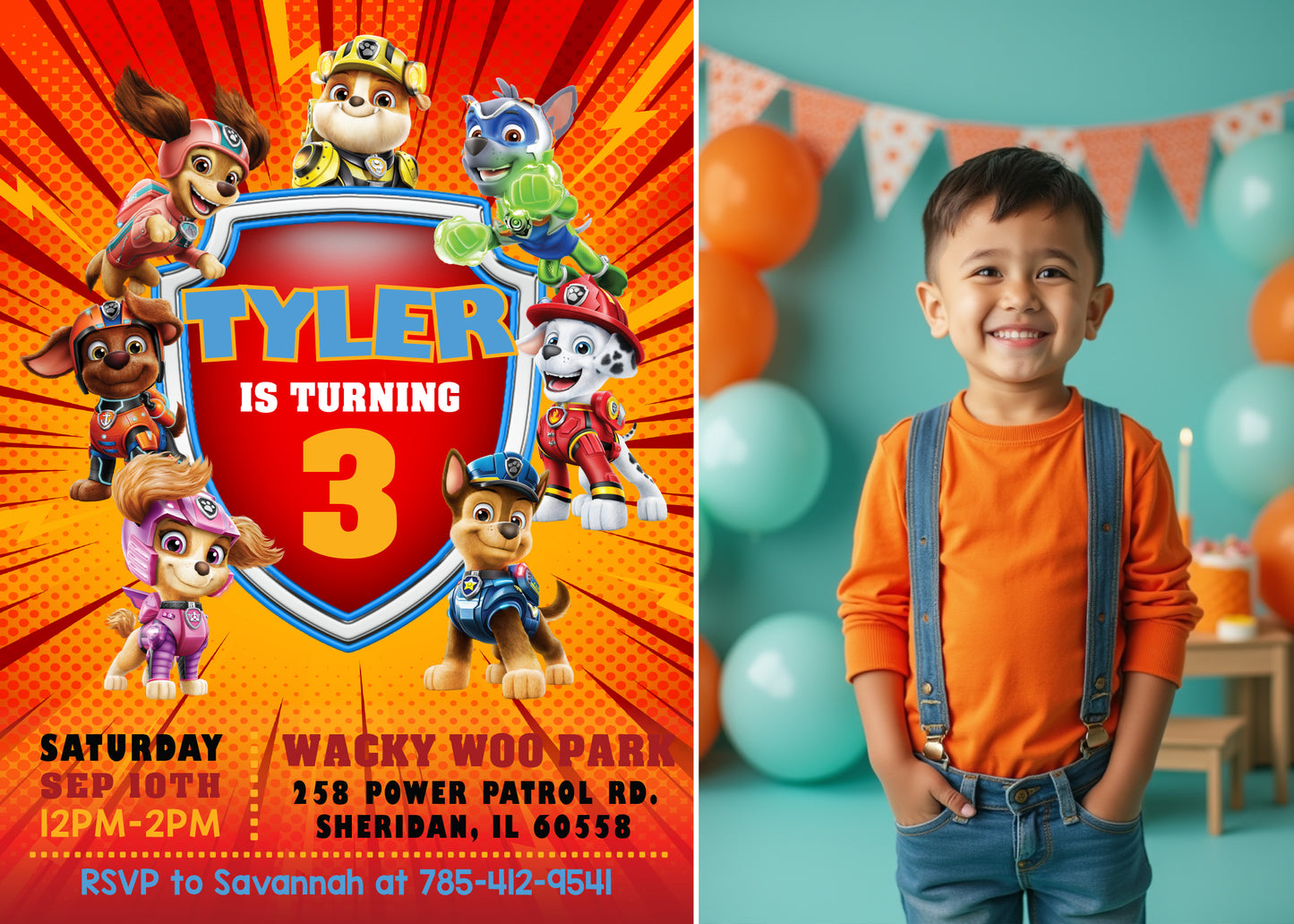 PAW PATROL Orange Mighty Pups Birthday Party Invitation with or without Photo - Printed or Digital File!