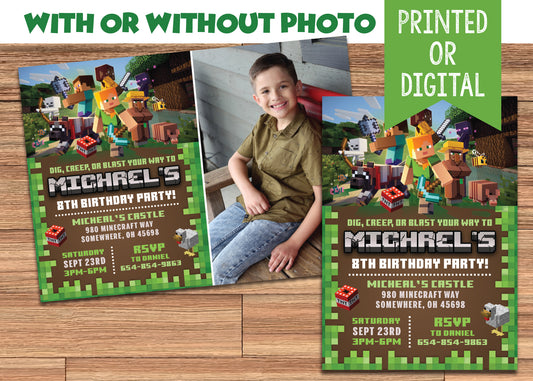MINECRAFT Birthday Party Invitation with or without Photo - Printed or Digital File!