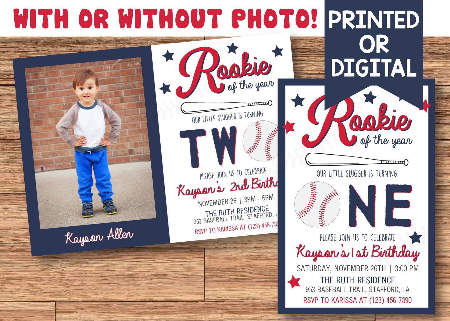 BASEBALL Rookie of the Year Birthday Digital or Printed Invitation with or without Photo!