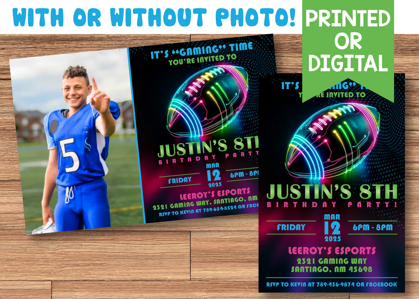 FOOTBALL Gaming Neon Birthday Digital or Printed Invitation with or without Photo!