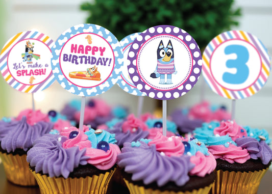 BLUEY Pool Swim Party Cupcake Toppers! 2 Inch or 2.5 Inch! Digital OR Printed & Fully Assembled!
