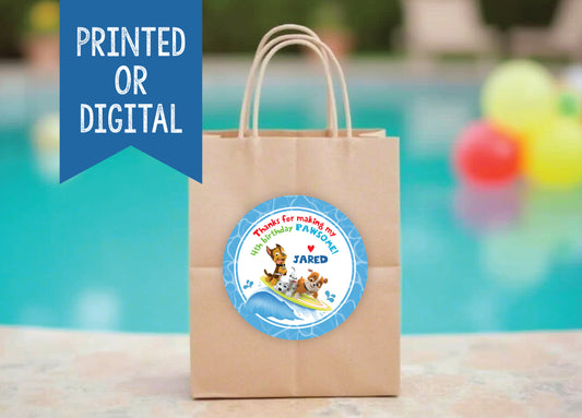 PAW PATROL Pool Party Printed or Digital Custom Birthday Party Stickers for Gift Bags, Party Favors!
