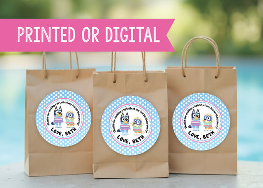 BLUEY Swim Pool Party Digital or Printed Custom Stickers for Gift Bags, Party Favors! Bluey and Bingo!