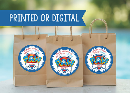 PAW PATROL Shield Printed or Digital Custom Birthday Party Stickers for Gift Bags, Party Favors!