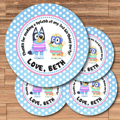 BLUEY Swim Pool Party Digital or Printed Custom Stickers for Gift Bags, Party Favors! Bluey and Bingo!