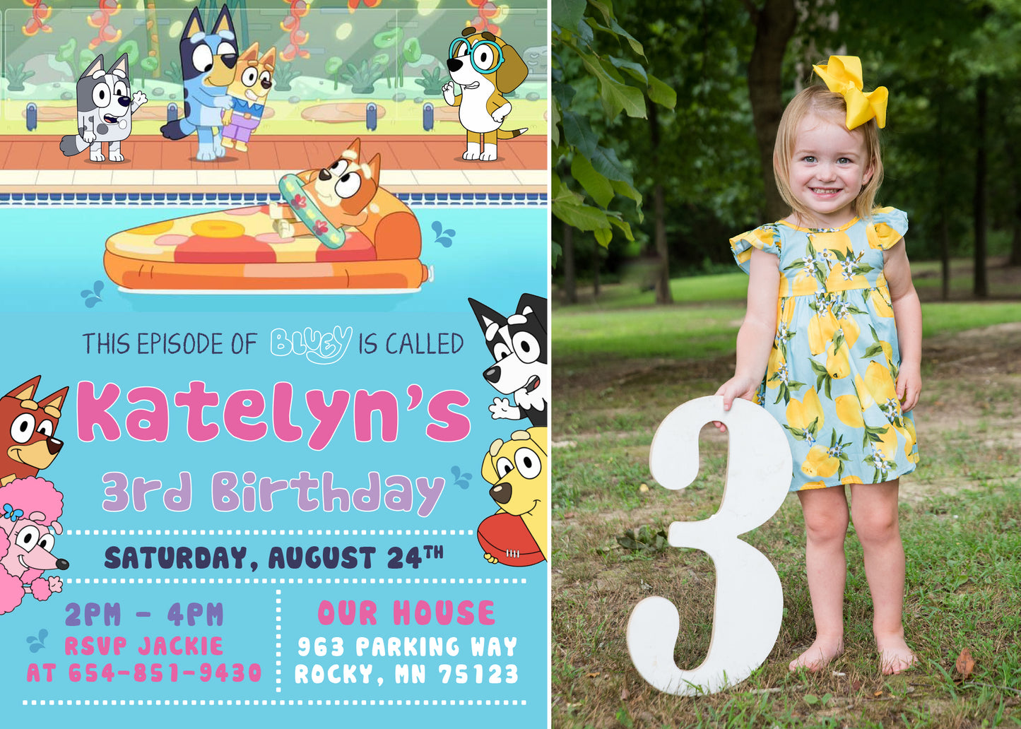 BLUEY Pool Party Birthday Invitation with or without Photo - Printed or Digital File!