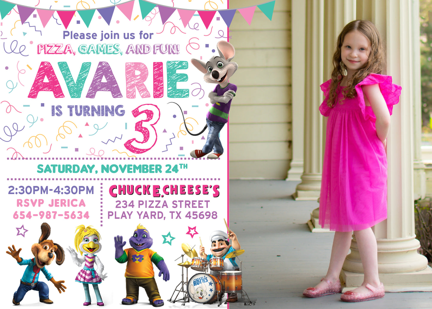 Printed or Digital CHUCK E CHEESE Girl Birthday Party Invitation with or without Photo!
