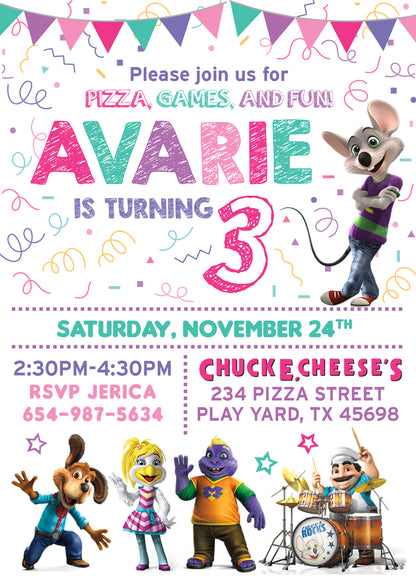 Printed or Digital CHUCK E CHEESE Girl Birthday Party Invitation with or without Photo!