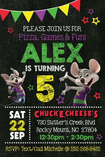 Boy CHUCK E CHEESE Birthday Party Invitation with or without Photo - Printed or Digital File!
