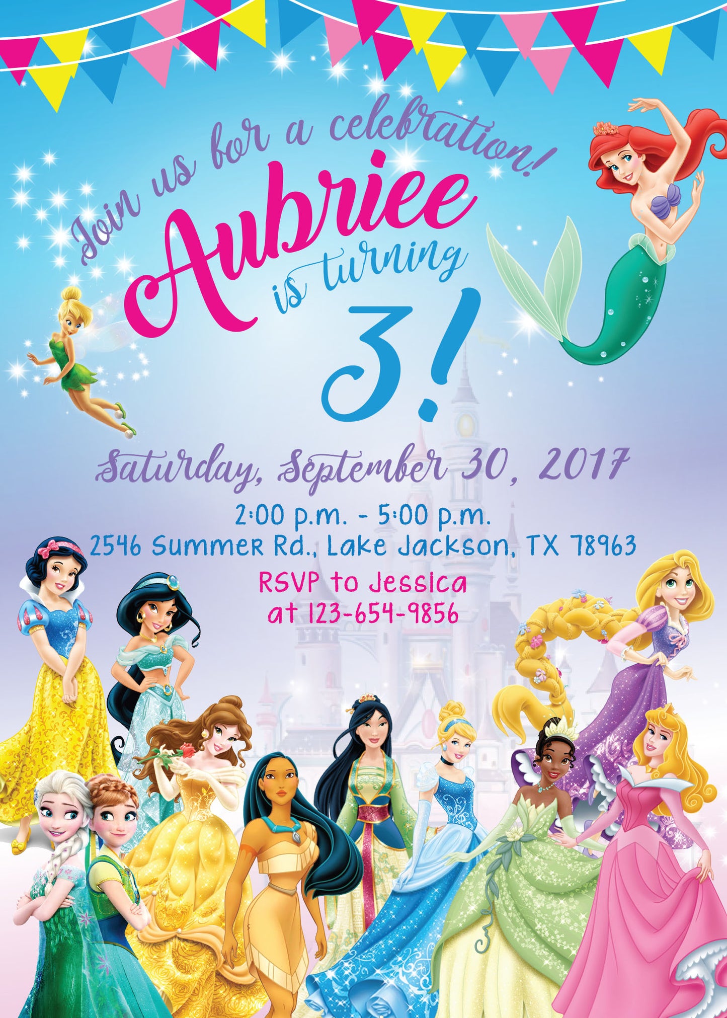 Disney Princess Invitation With or Without Photo! Belle, Snow White, Cinderella, Ariel, Jasmine & more! Printed or Digital!