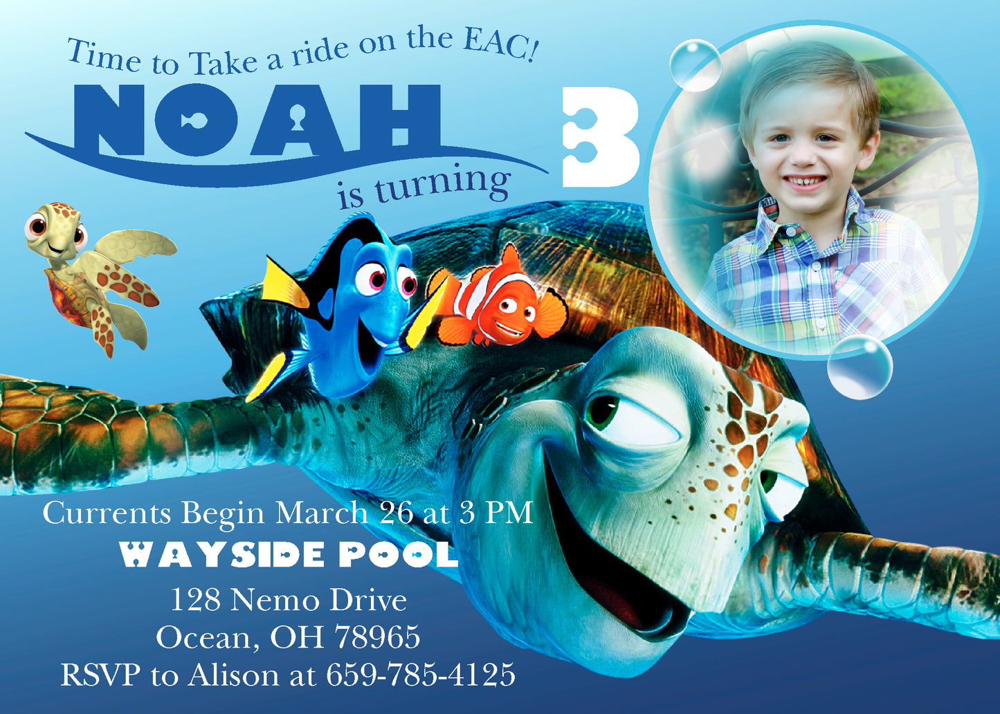 Finding Nemo Birthday Party Invitation with Photo! Nemo, Dory, Squirt, Crush! Printed or Digital!