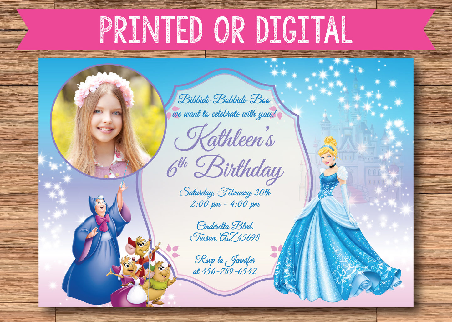 Beautiful CINDERELLA Printed or Digital Birthday Party Invitation With Photo!