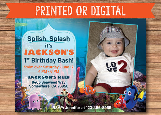 Finding Dory & Nemo Birthday Invitation with Photo! Nemo, Dory, Squirt, Crush! Printed or Digital!