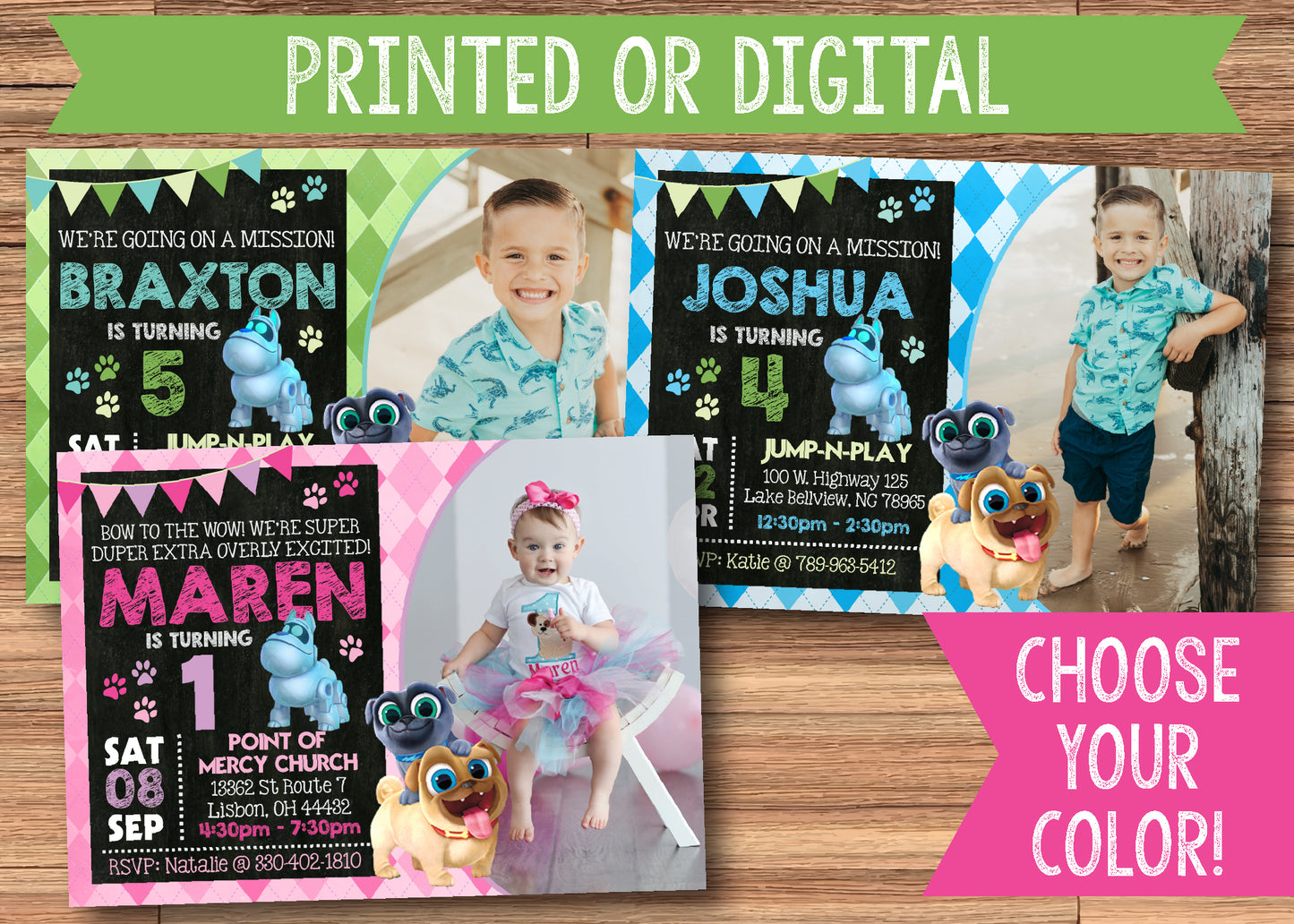 PUPPY DOG PALS Pink, Green or Blue Birthday Party Invitation with Photo! Printed or Digital!