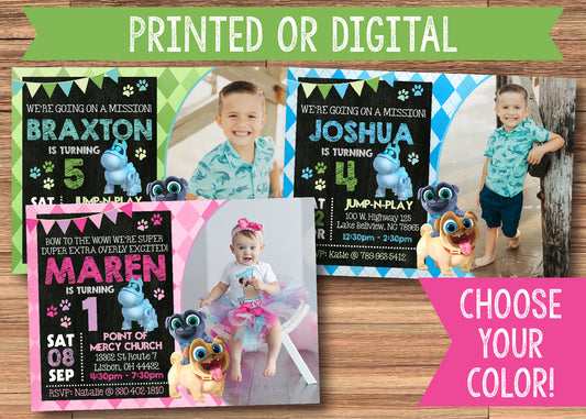 PUPPY DOG PALS Pink, Green or Blue Birthday Party Invitation with Photo! Printed or Digital!