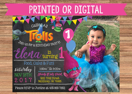 TROLLS Poppy and Branch Fun Birthday Party Invitation With Photo! Printed or Digital!
