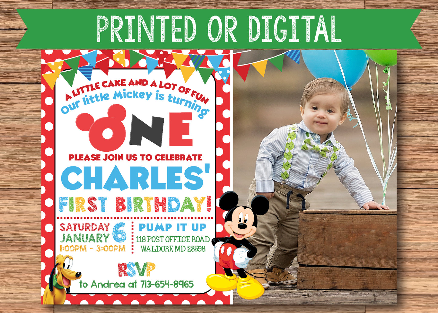RED Polka-dot MICKEY MOUSE Birthday Invitation with Photo! Printed or Digital!