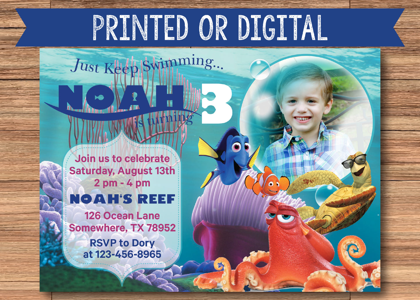 Finding Nemo Printed or Digital Invitation with Photo! Nemo, Dory, Squirt, Crush!