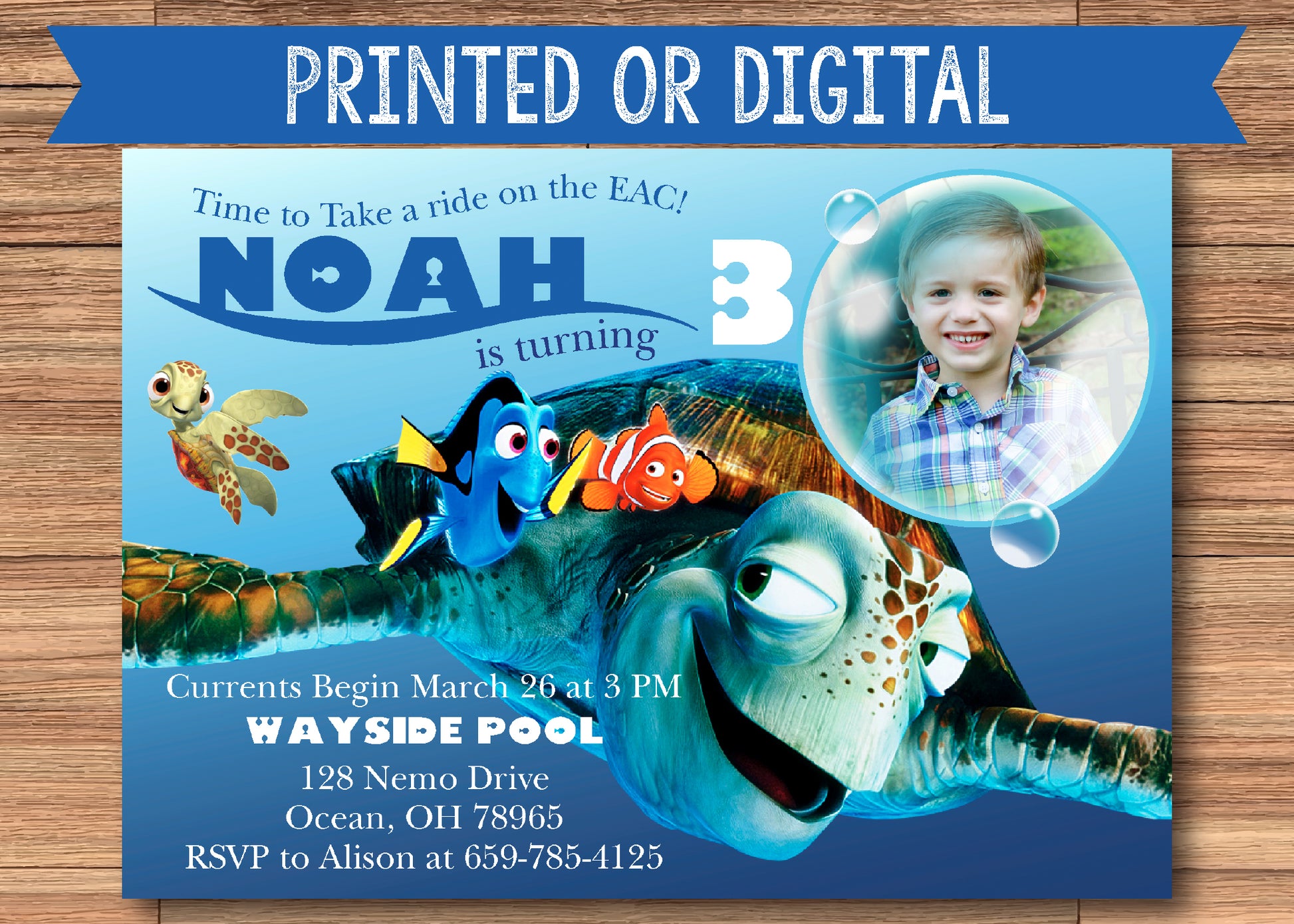 Finding Nemo Birthday Party Invitation with Photo! Nemo, Dory, Squirt, –  BinvitedDesigns