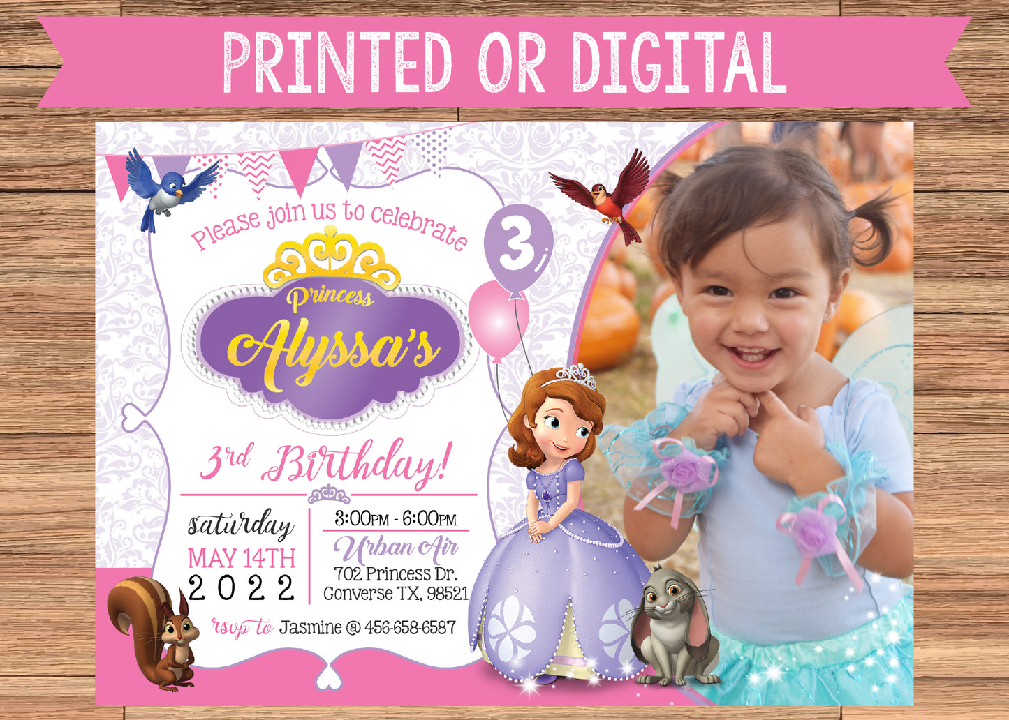 SOFIA THE FIRST Printed or Digital Birthday Party Invitation With Photo!