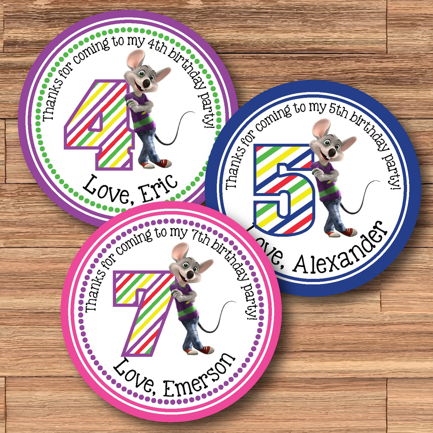 CHUCK E CHEESE Purple, Pink or Blue Custom Stickers for Gift Bags, Party Favors! Printed or Digital!