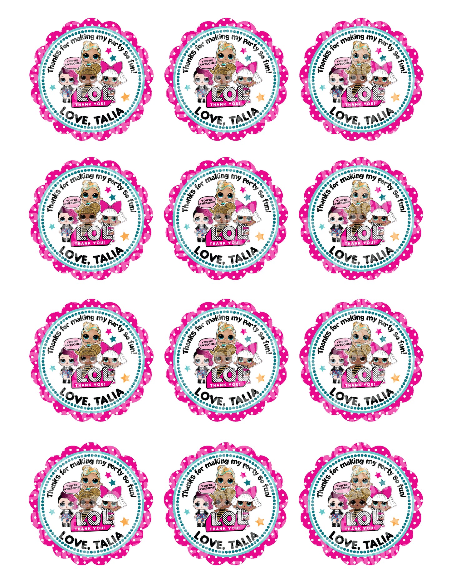 LOL DOLLS Custom Personalized Stickers for Gift Bags, Party Favors! Printed or Digital!