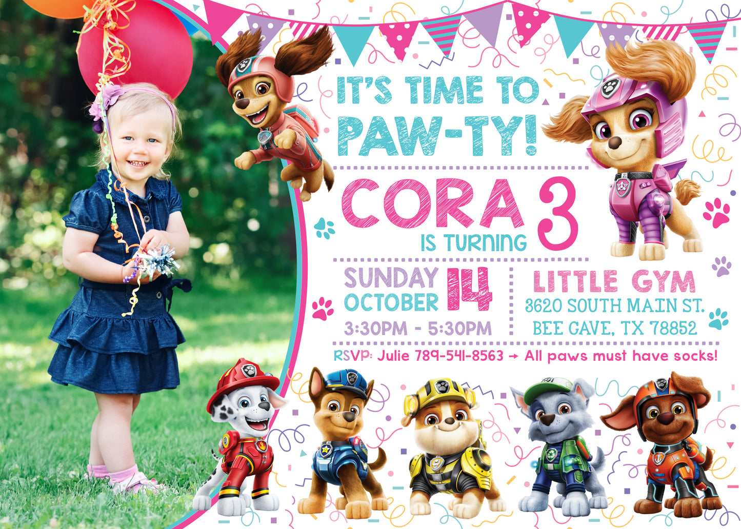 Girl PAW PATROL Mighty Pups Birthday Party Invitation with or without Photo, Choose Color - Printed or Digital File!