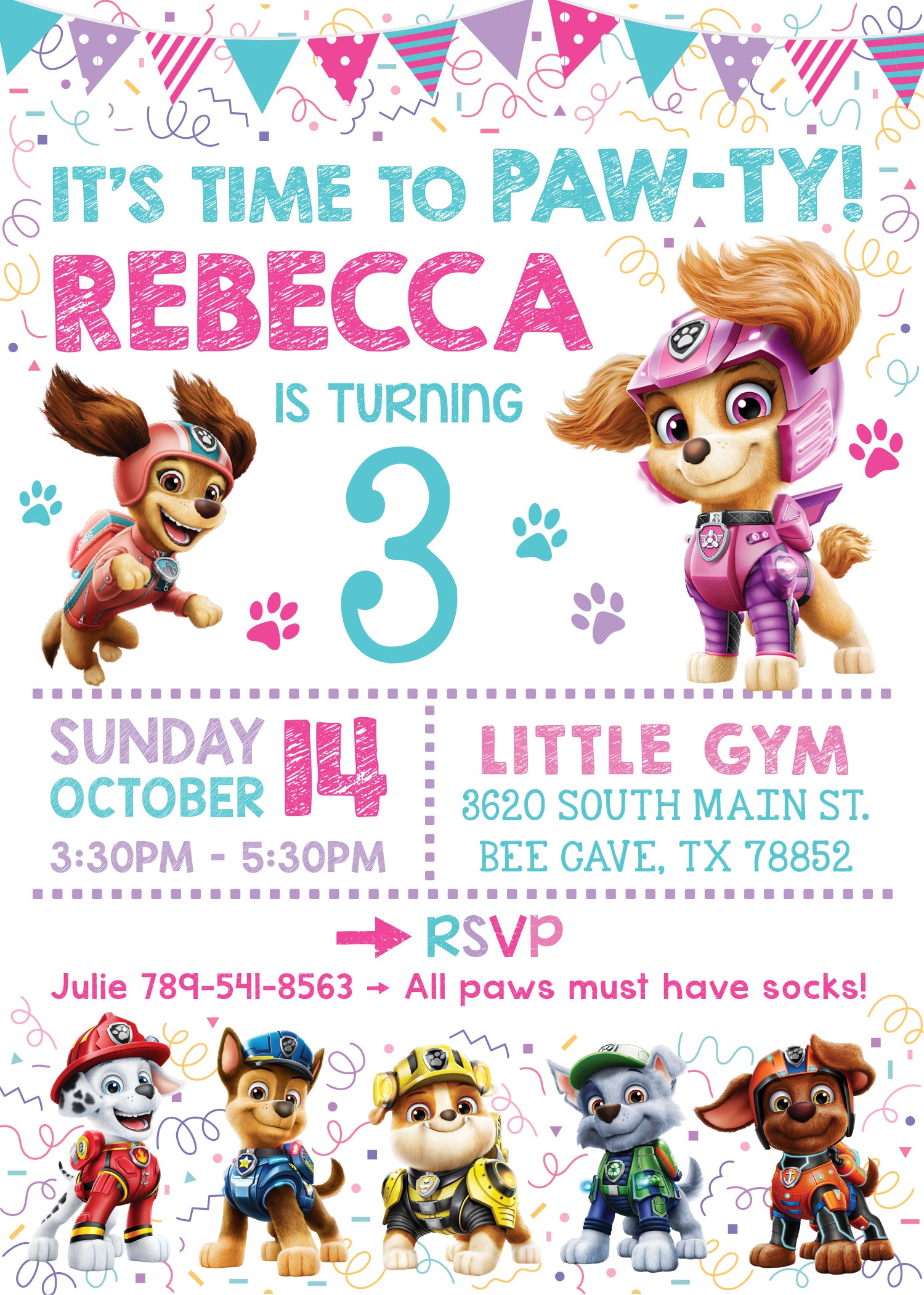 Girl PAW PATROL Mighty Pups Birthday Party Invitation with or without Photo Choose Color Printed or Digital File