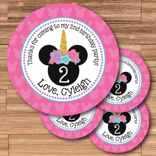 UNICORN Pink MINNIE MOUSE Custom Stickers for Gift Bags, Party Favors! Printed or Digital