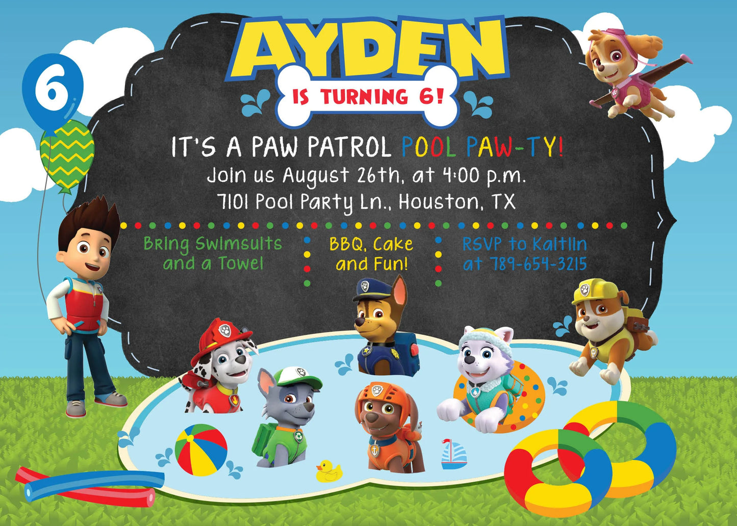 Paw Patrol POOL PARTY Digital or Printed Birthday Party Invitation with or without Photo!