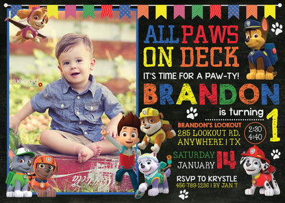 Custom PAW PATROL Digital or Printed Chalkboard Birthday Party Invitation with Photo!