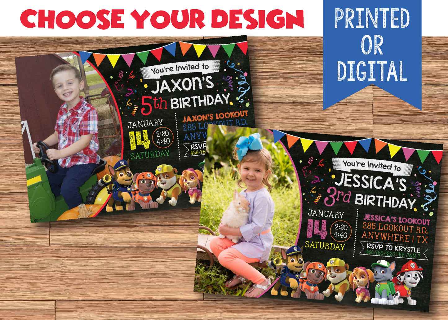 PAW PATROL Boy or Girl Digital or Printed Birthday Party Invitation with Photo!