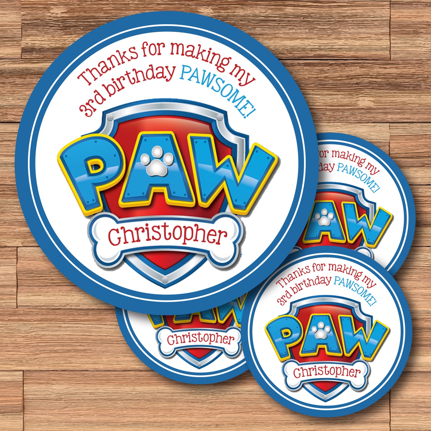 PAW PATROL Shield Printed or Digital Custom Birthday Party Stickers for Gift Bags, Party Favors!