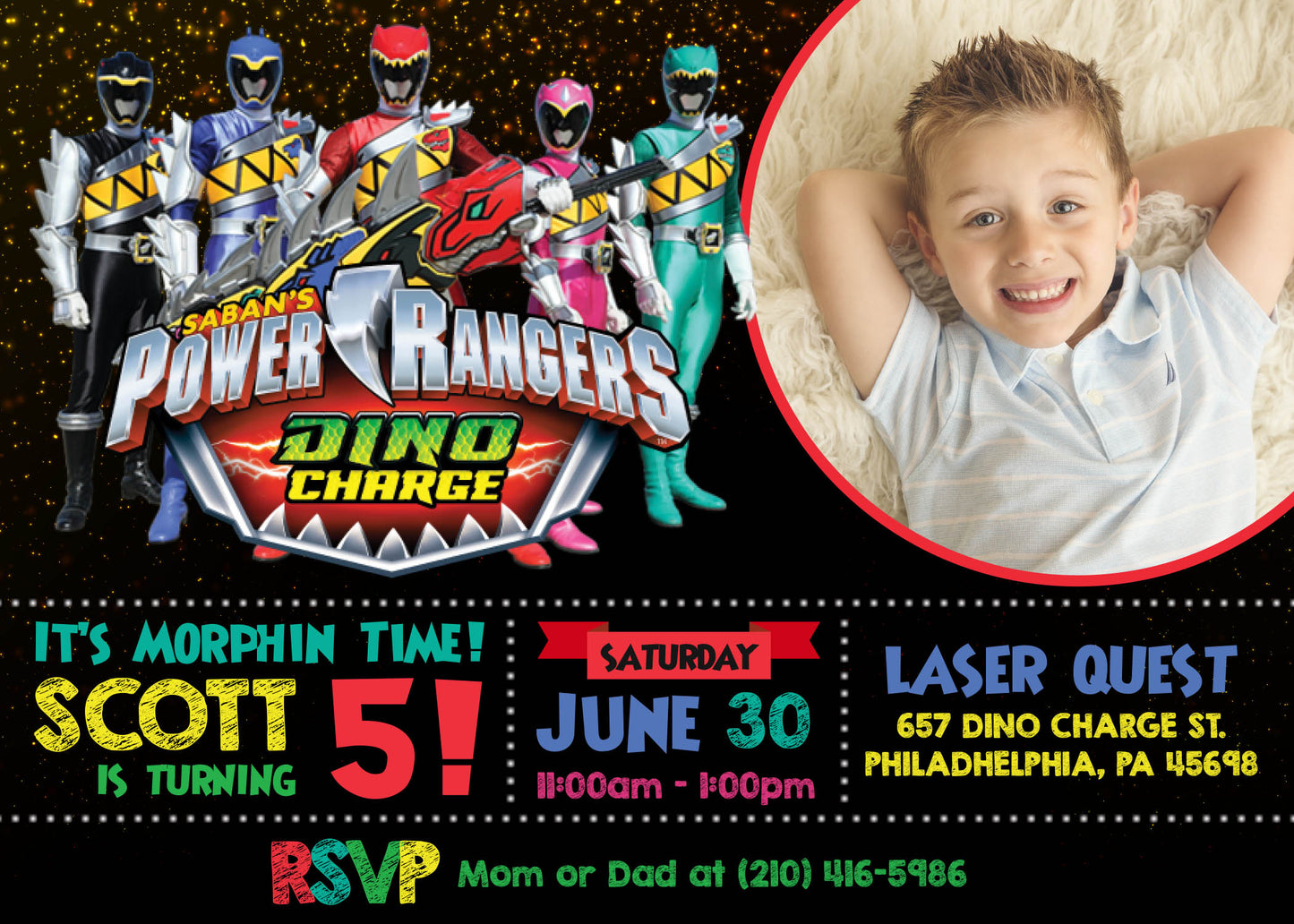 Power Rangers Dino Charge Birthday Party Invitation with Photo! Printed or Digital!