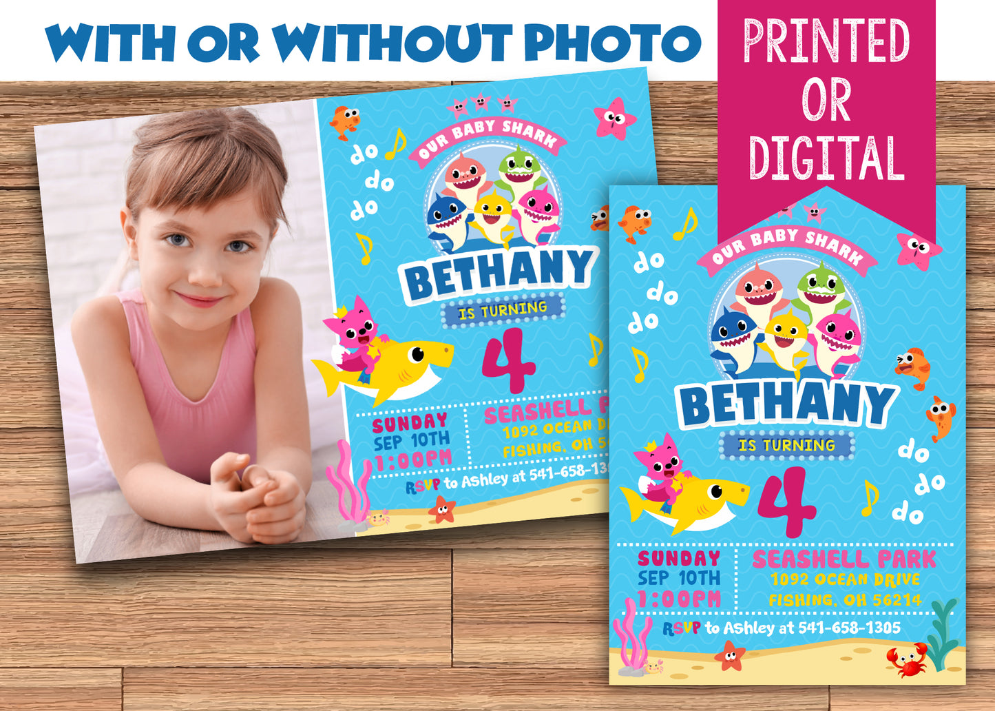 BABY SHARK Digital or Printed Birthday Party Invitation with or without Photo!
